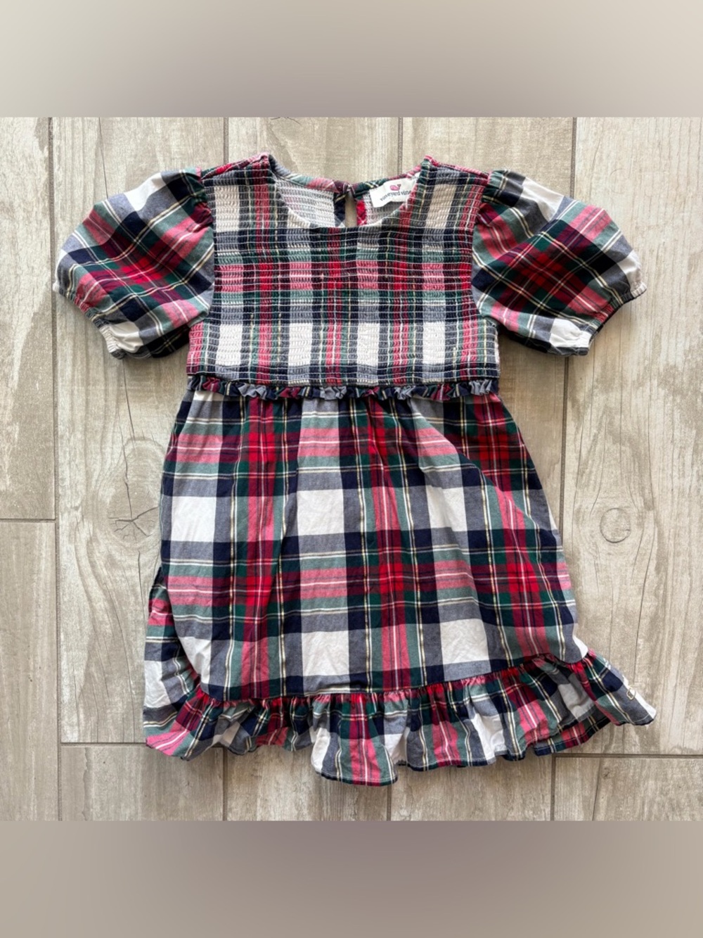 Vineyard Vines Red, Navy & White Plaid Puff-Sleeve Dress